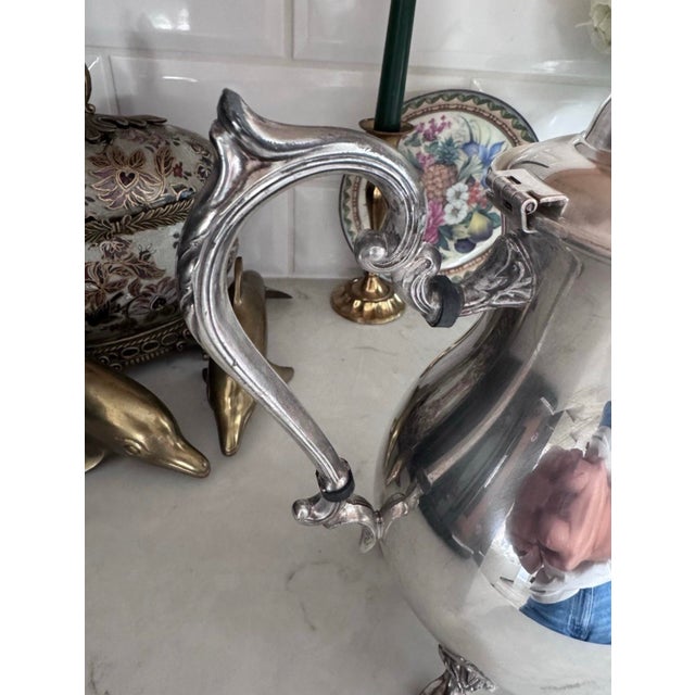 1940s Sheridan Silver Co Silver Plated Tea Pot Silver on Copper Flower Design 4 Footed For Sale - Image 9 of 12