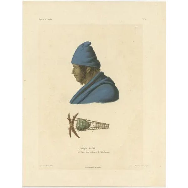Antique print titled 'Indigène du Chili'. Above is an indigenous Chilean man, and below an anchor used by the Talcahuano...