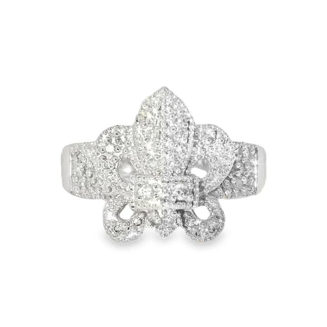 Elevate your style with this Estate 14K White Gold Diamond Fleur-De-Lis Ring. This timeless piece features a beautifully...