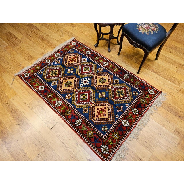 Vintage Persian Shiraz Yalameh Tribal Area Rug, Hand-Knotted Wool, Allover Geometric Pattern, Blue & Red, 3x5 For Sale - Image 17 of 17