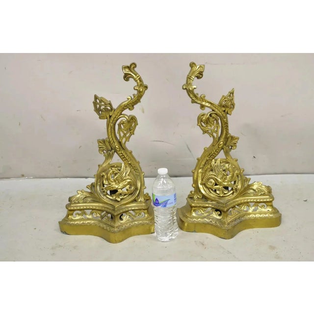 Vintage French Baroque Style Brass Figural Andirons With Dragon Griffins - Pair For Sale - Image 12 of 12
