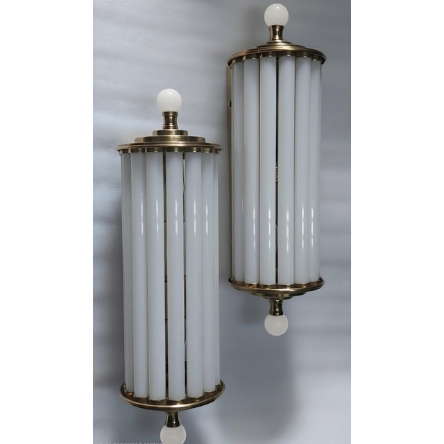 1940s Vintage Art Deco Light Old Lamp Wall Sconces Fixture Brass & Milk Glass Rod Ship Light - Pair For Sale - Image 5 of 5