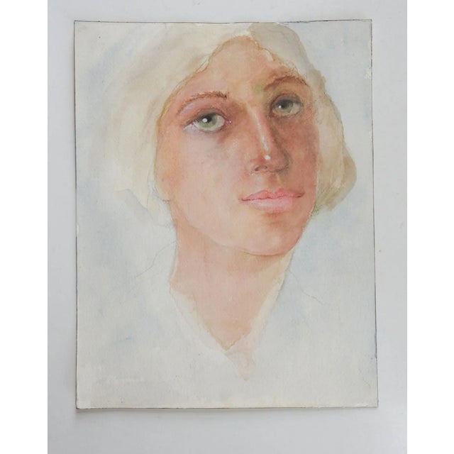 Vintage late 20th century watercolor on paper portrait of green eyed woman by Eva Templeton Kraus. Unsigned. Unframed,...