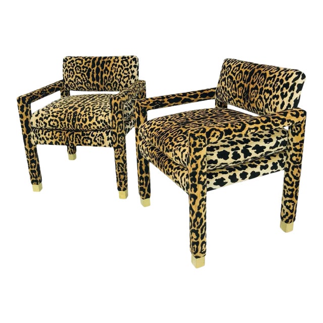 Leopard Parsons Chairs with Brass Sabots, Custom - a Pair For Sale