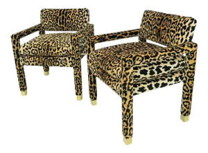 Leopard Parsons Chairs with Brass Sabots, Custom - a Pair