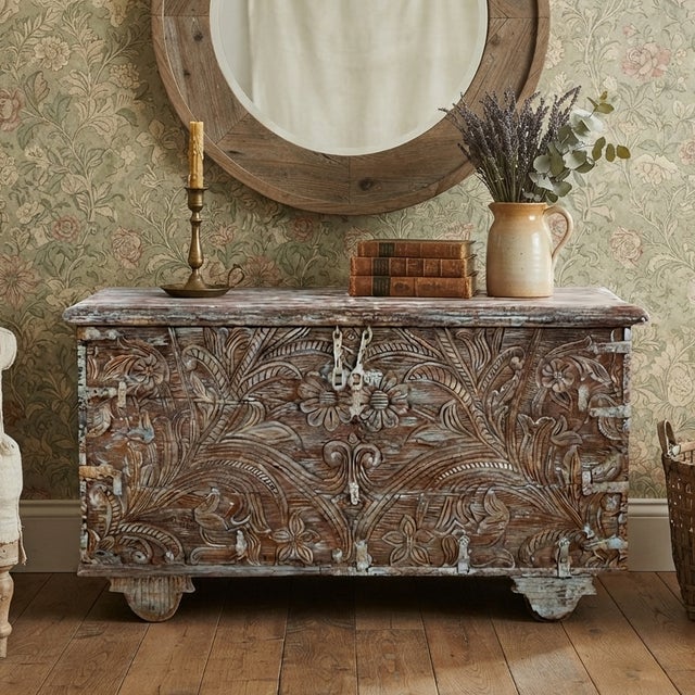 1920s Vintage Blue Floral Hope Chest on Wheels | Carved Wood Storage Bench Trunk For Sale - Image 5 of 5