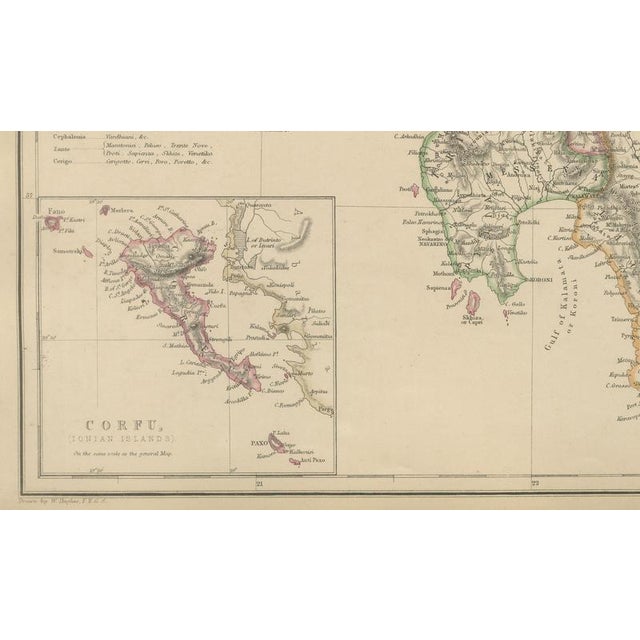 Paper Antique Hand-Colored Map of Greece and Ionian Islands, 1860 For Sale - Image 7 of 11