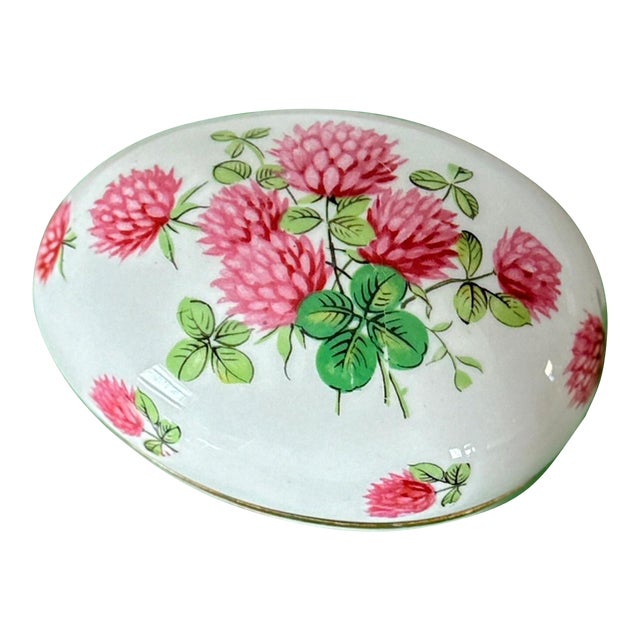 Vintage Hammersley & Co. Egg-Shaped Trinket Box With Lid, Pink and Green Clover Pattern on White Bone China With Gold Details For Sale