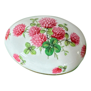 Vintage Hammersley & Co. Egg-Shaped Trinket Box With Lid, Pink and Green Clover Pattern on White Bone China With Gold Details