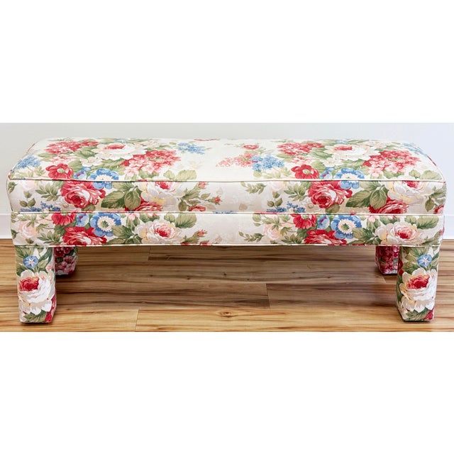 Vintage parsons style bench featuring stunning floral pattern throughout. Matching piping. Measures 21.25"H. Unmarked by a...