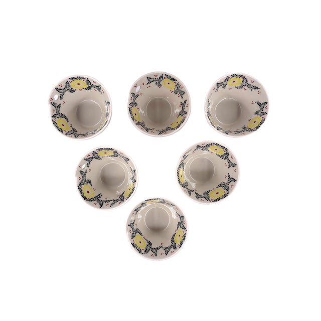 Hand-Painted Bat Trang Vietnamese Ceramic Bowls With Yellow Floral Motifs and Chopstick Rests - Set of 6 For Sale In New York - Image 6 of 12
