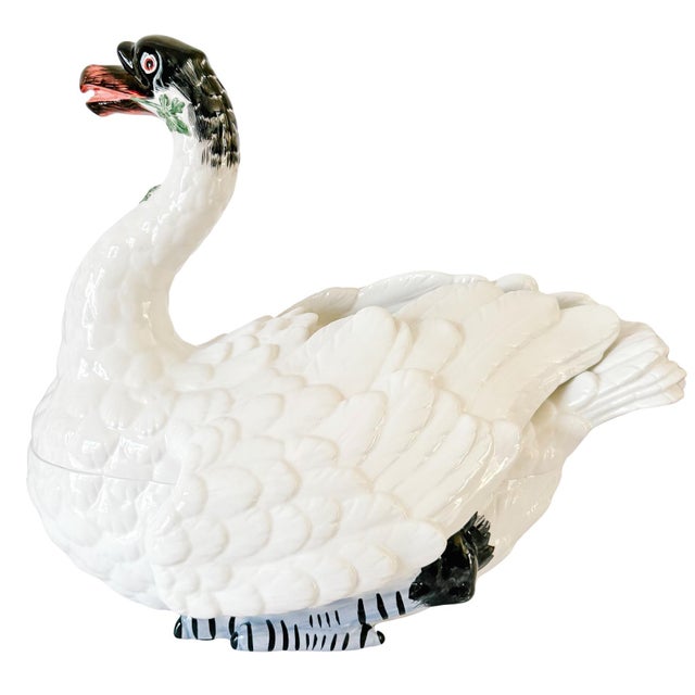 Italian 1980s Italian Hand-Painted Ceramic Swan Tureen & Centerpiece in Meissen Style by Chelsea House For Sale - Image 3 of 12