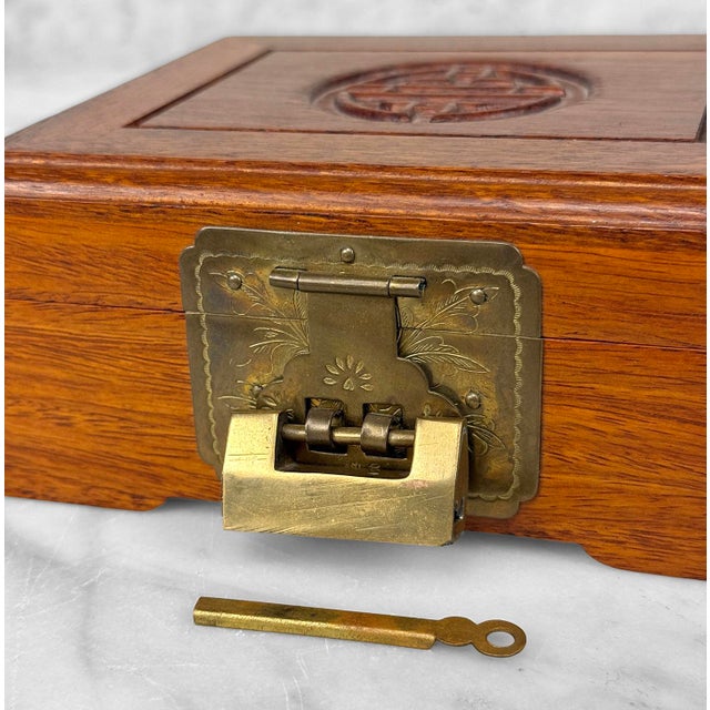 Vintage Chinese Chinoiserie Rosewood Storage Jewelry Box W/ Brass Lock For Sale - Image 12 of 13