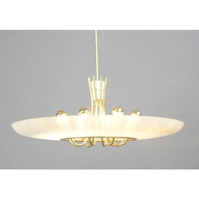 Large Mid Century Brass & Glass Chandelier Circa 1960s Patterned glass shade - Brass arms and stem - Takes 8x E14 fitting...