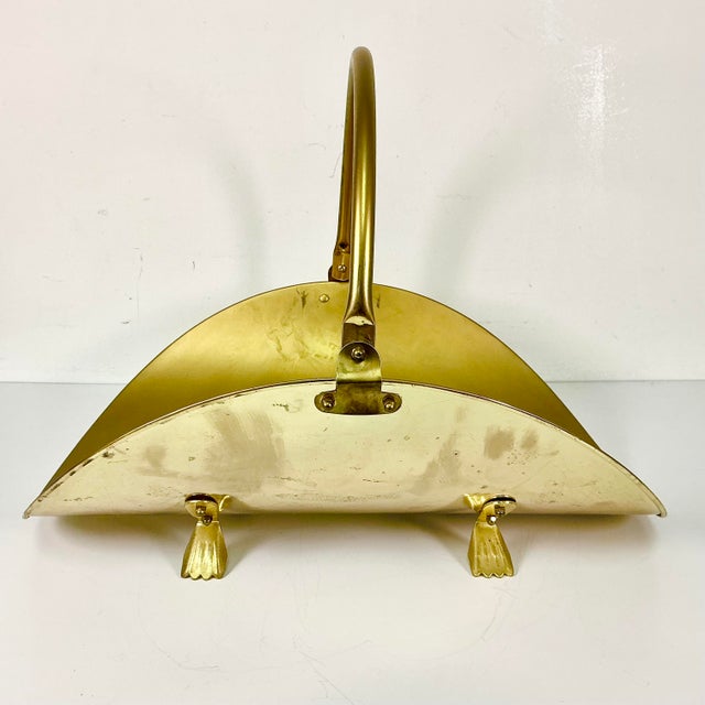 Metal Mid-Century Federal Arts & Crafts Old Gold Matte Finish Firewood Holder With Paw Feet. For Sale - Image 7 of 11
