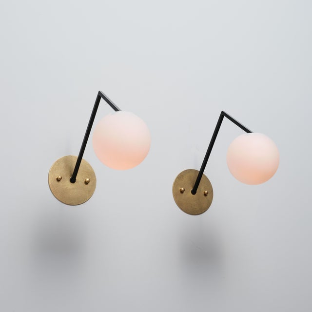Metal Mid-Century Modern Italian Wall Sconces with Opaline Glass Globes, 1950s, Set of 2 For Sale - Image 7 of 13
