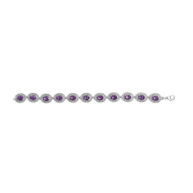 Sterling Silver 5x7 MM Oval Purple Amethyst & Diamond Halo Link Bracelet For Sale - Image 4 of 5