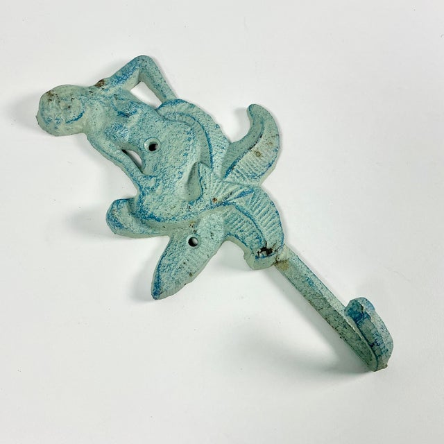 Nautical 1970s Vintage Cast Iron Coastal Nautical Verdigris Mermaid Wall Hook. For Sale - Image 3 of 10