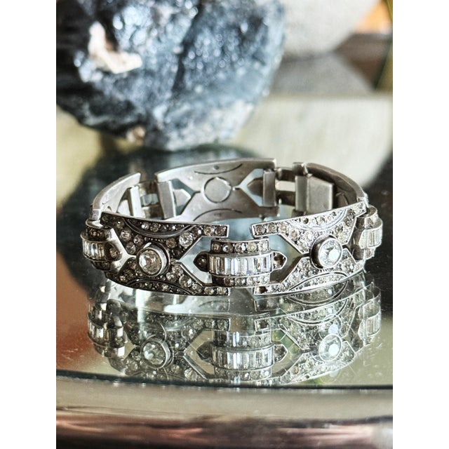 Silver 1920s Art Deco 935 Silver Panel Bracelet With Marquise Style Glass Stones For Sale - Image 8 of 13