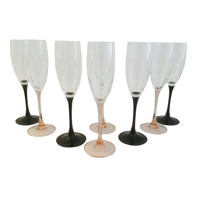Vintage Black & Pink French Crystal Champagne Flutes, Set of 8 For Sale