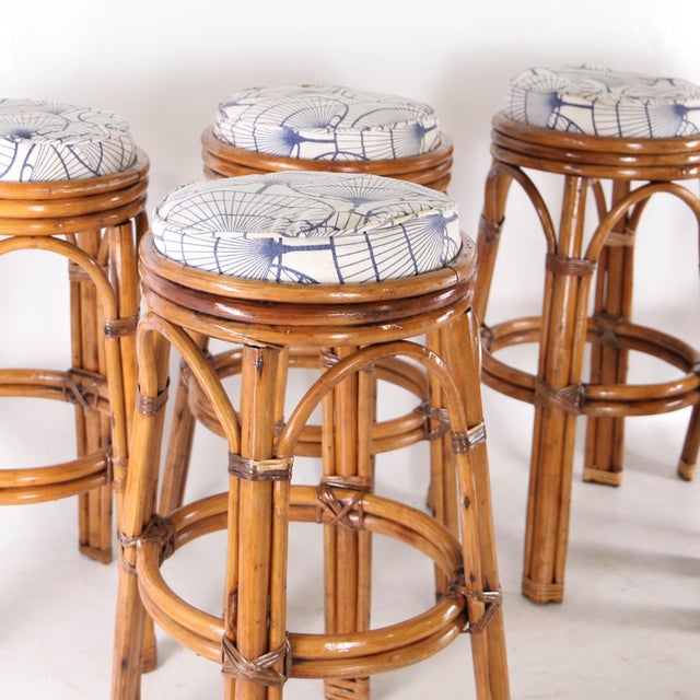 Rattan Stools with Seat Cushions, 1970s, Set of 6 For Sale - Image 10 of 11