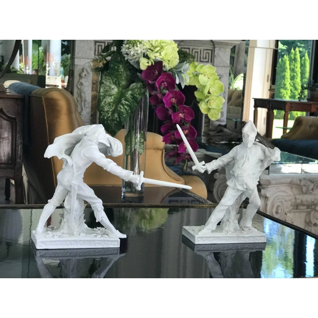 This exquisite pair of Blanc De Chin Figures of Venetian Fencers are full of Movement and Attitude. They have the...
