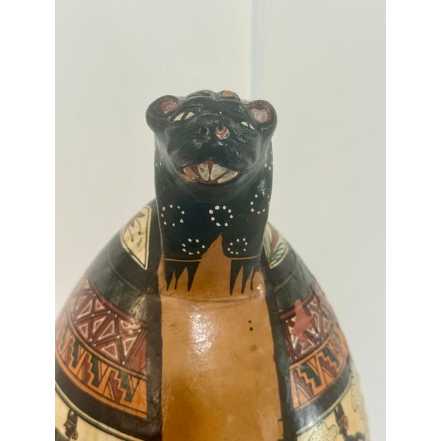 Brown Mid 20th Century Large Peruvian Folk Art Pottery Vase With Jaguar Handle & Llama Motif 14” Tall For Sale - Image 8 of 12
