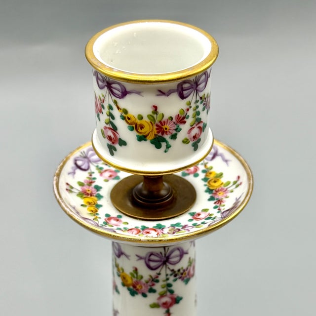 Gold Louis XVI Revival Porcelain Candlesticks with Floral Garlands and Gilt Metal Mounts in the style of Sèvres, 1890s, Set of 2 For Sale - Image 8 of 18