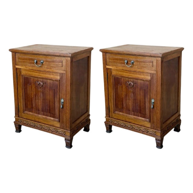 French Art Deco Marble Top Nightstands or Bedside Cabinets in Walnut, 1930, A Pair For Sale