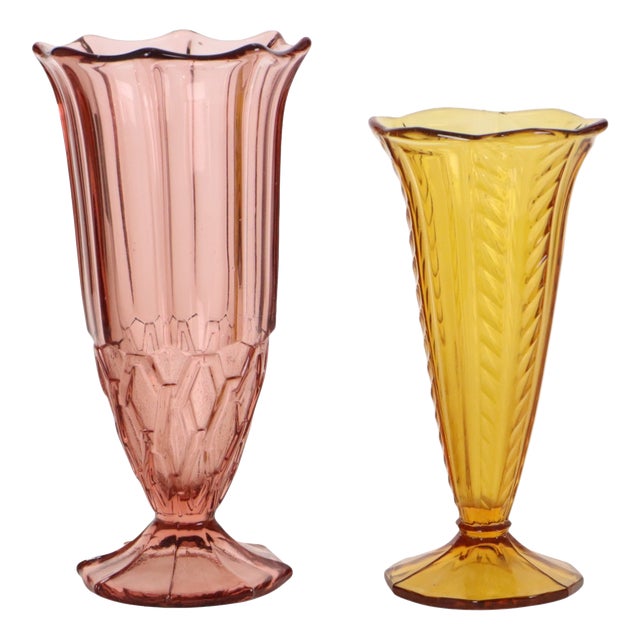 Art Deco Colored Glass Vases, 1930s, Set of 2 For Sale