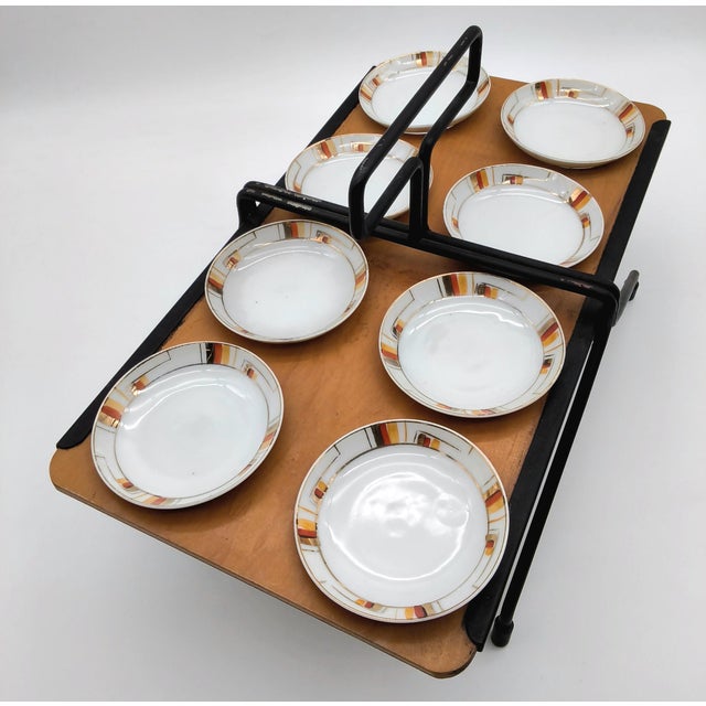 1950s Rare Set of MCM Serving Plates and Wood Carry Holder Set of 9 For Sale - Image 5 of 12