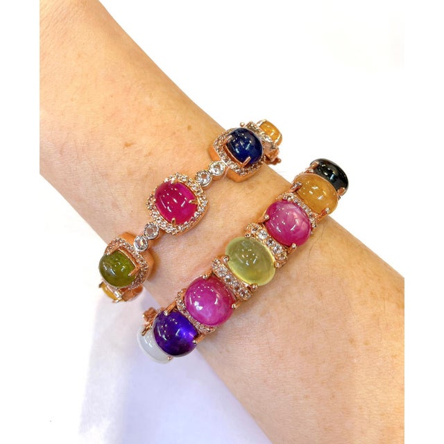 Pink Bochic “Capri” Vintage Diamond, Ruby & Multi-Color Sapphire Bangle 18K Gold &Sil For Sale - Image 8 of 11