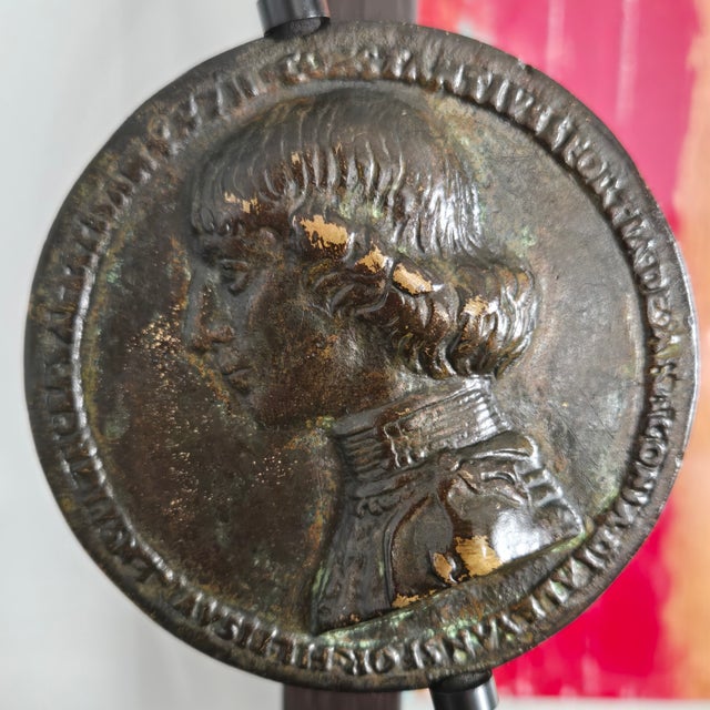 Renaissance Bronze Costanzo Sforza Medal on Custom Stand, After Enzola, Castle of Pesaro, 3-Inch Cast For Sale - Image 4 of 9