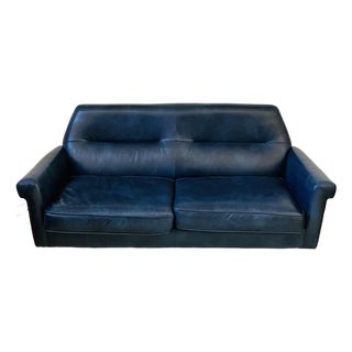 West Elm Mid Century Danish Style Deep Blue Leather Loveseat For Sale
