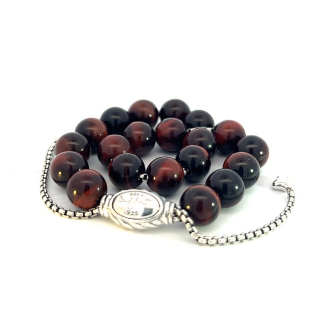 Brown 1990s David Yurman Tiger Eye Spiritual Beads Bracelet 6.6 - 8.5" Silver 8 Mm Estate For Sale - Image 8 of 15