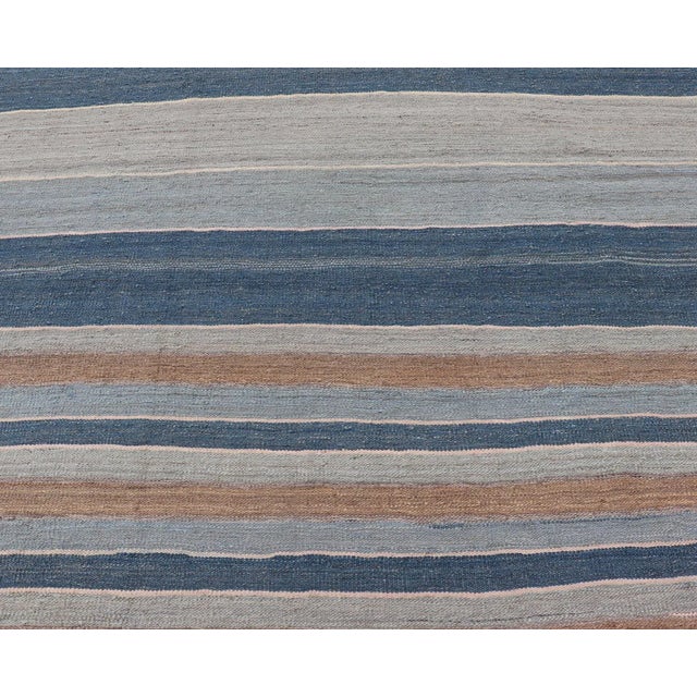 Striped Kilim Blue and Brown Hand Woven Wool by Keivan Woven Arts 9'3 X 12'0 For Sale - Image 11 of 13