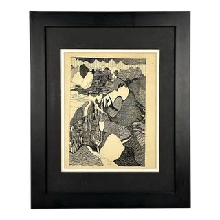 Vintage Pen & Ink Abstract Art by Bill Hinz - MCM Framed Artwork For Sale