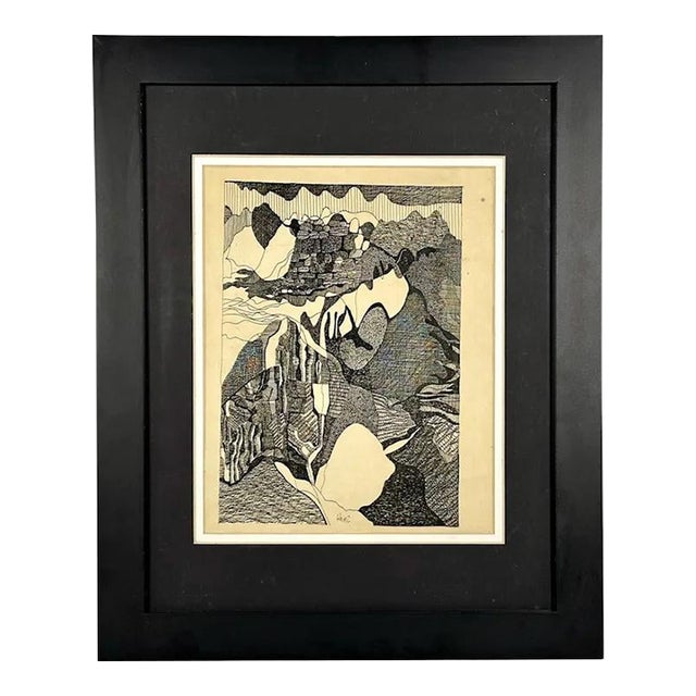 Vintage Pen & Ink Abstract Art by Bill Hinz - MCM Framed Artwork For Sale