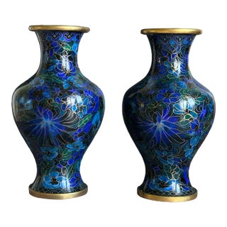 Mid 20th Century Chinese Blue Cloisonné Floral Vases – Pair For Sale