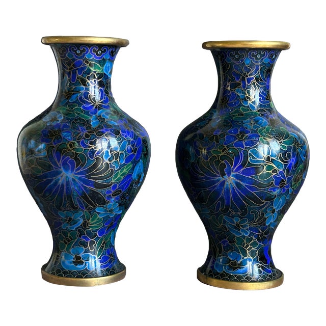 Mid 20th Century Chinese Blue Cloisonné Floral Vases – Pair For Sale