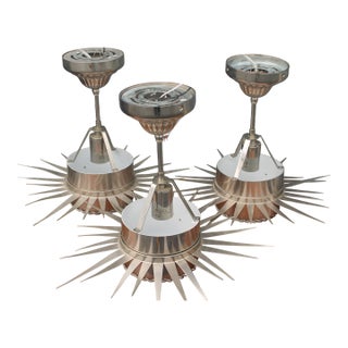 1970's Mid Century Modern Ultra High Quality Celestial Starburst Nickel Pendant Ceiling Fixtures From Miami Beach Alexander Hotel Set of 3 For Sale