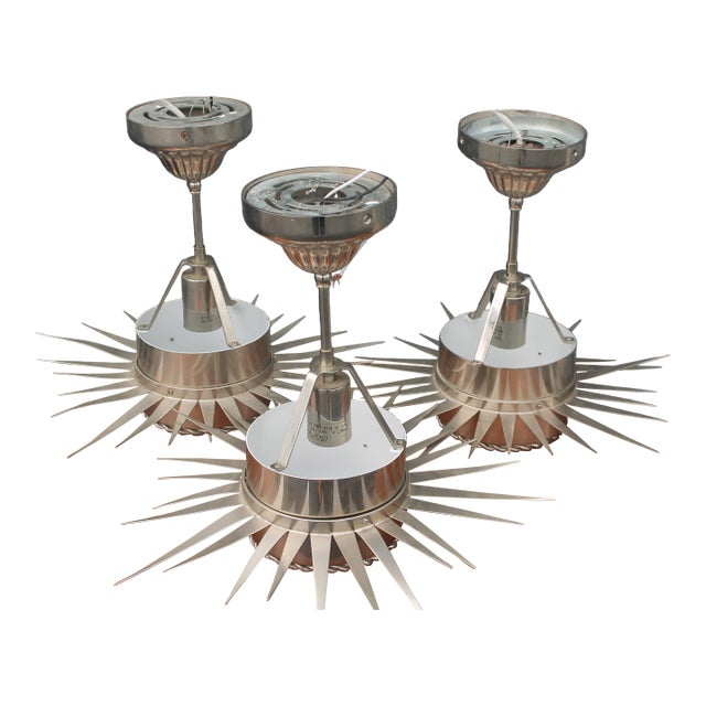 1970's Mid Century Modern Ultra High Quality Celestial Starburst Nickel Pendant Ceiling Fixtures From Miami Beach Alexander Hotel Set of 3 For Sale