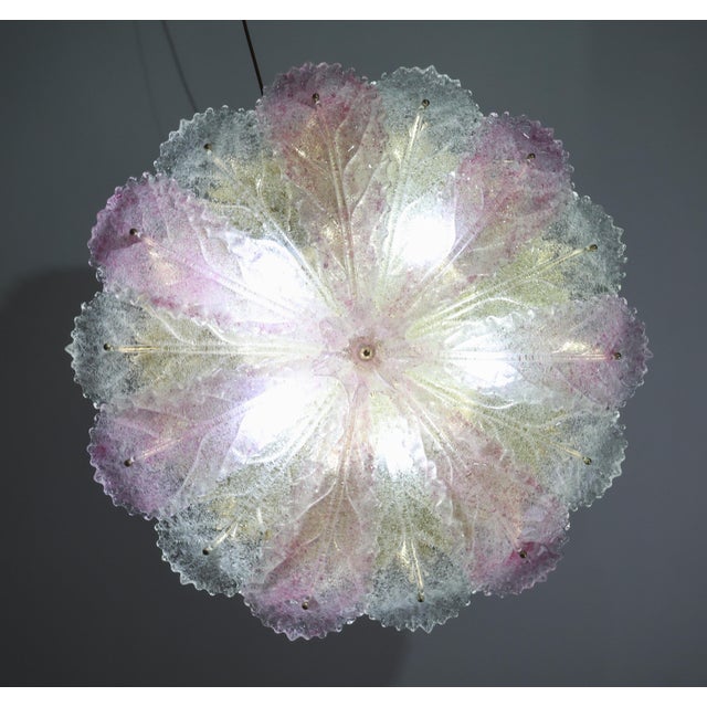 Italian 1980s Large Size Pink and Transparent Murano Glass Leave Ceiling Light or Chandelier For Sale - Image 3 of 11