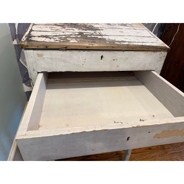 Mid 20th Century Antique Primitive Country Store Merchant Counter With Lift-Top Storage & Original White Paint For Sale - Image 5 of 6