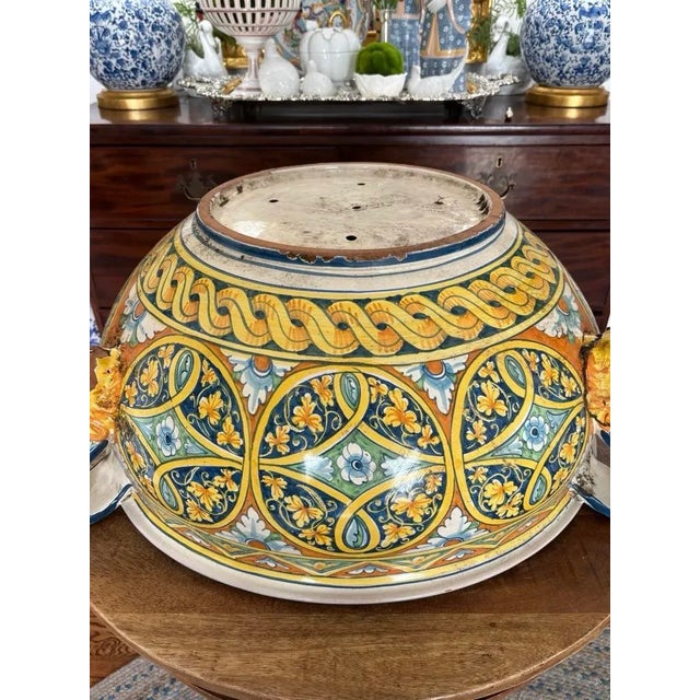 Italian Early 20th Century Enormous Tuscan Over Sized Early Twentieth Century Hand Painted Sicilian Italian Centerpiece Planter With Lionhead Handles Italy For Sale - Image 3 of 11