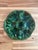 Six-well oyster plate with scalloped rim and central sauce well, covered in a mottled green flambe glaze — deep forest...