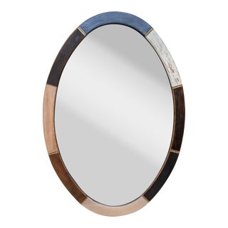 Custom Multi Tone Wood Faux Bone Inlay Oval Mirror For Sale