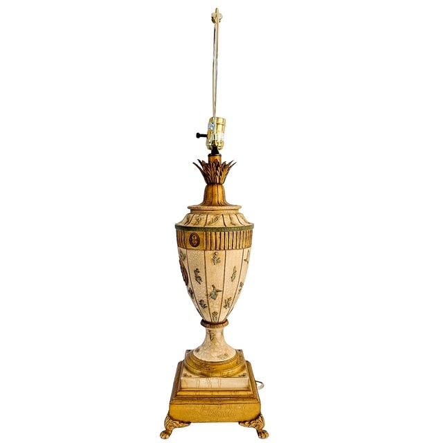 Vintage Neoclassical Crackle Glazed Urn Table Lamps With Medallions - A Pair For Sale - Image 4 of 16