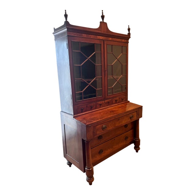 Antique Early 1900s Flame Mahogany Secretary With Bookcase For Sale
