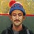 The artwork presents a portrait of a man wearing a colorful hat, set against a textured background that features warm hues...